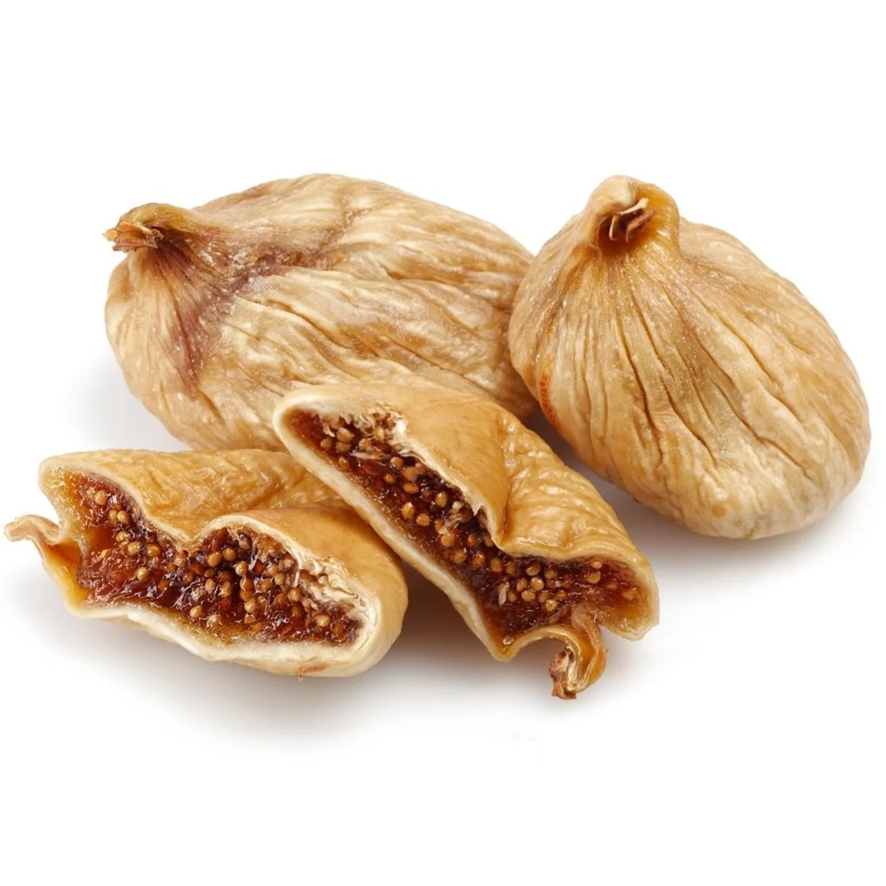 Whole sun-dried figs with two halves cut open to show the seeded flesh