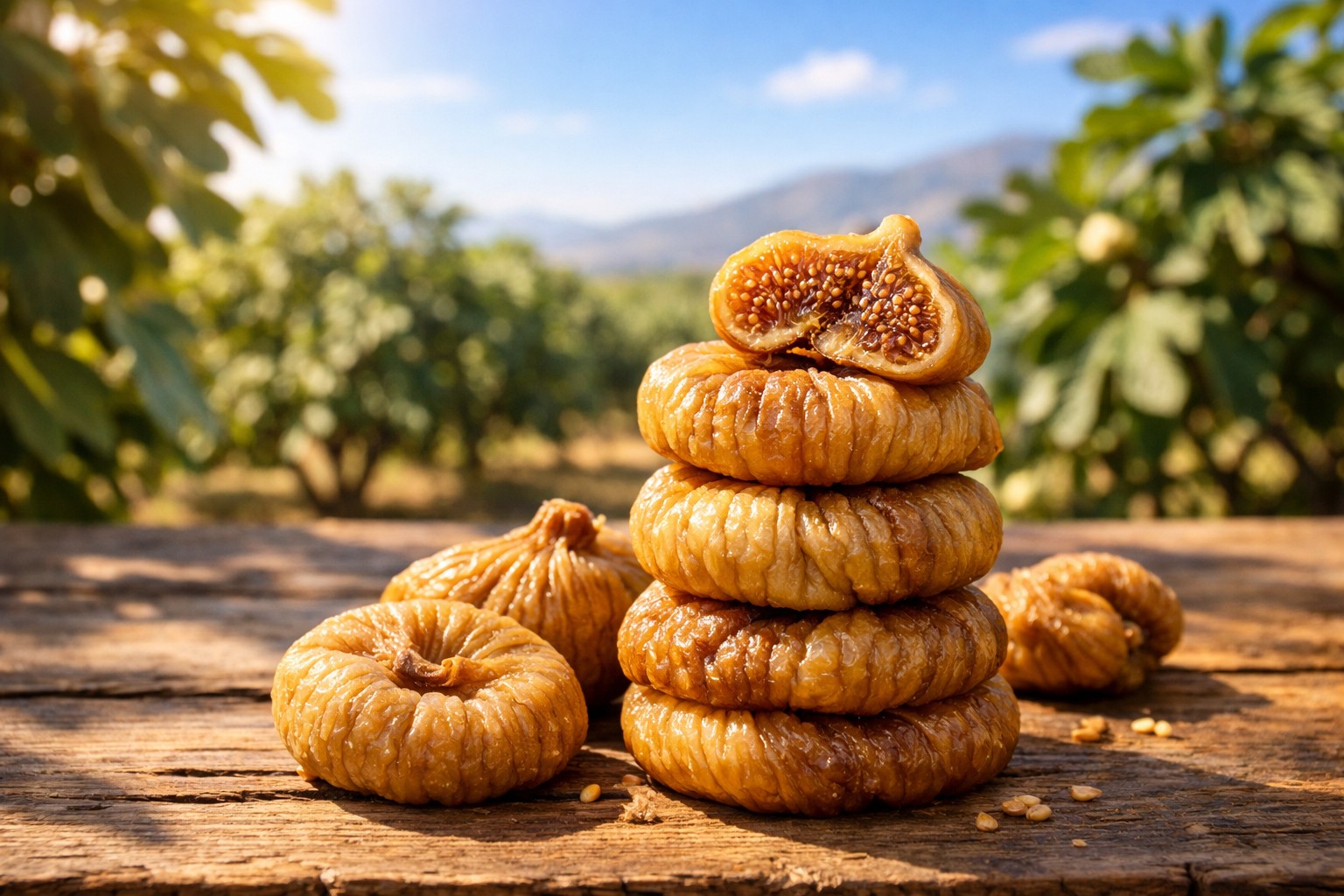 A stack of whole sun-dried figs on a weathered wooden table, one cut open to show the seeded flesh, with a fig orchard behind